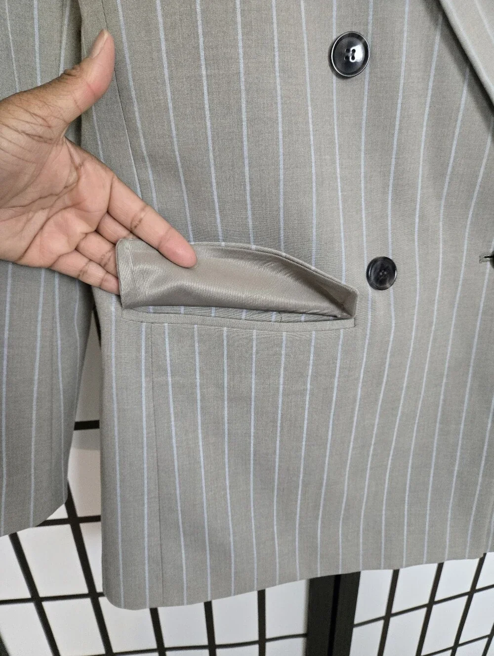 Loft Versa Womens Light Gray Pinstripe Double-Breasted Blazer